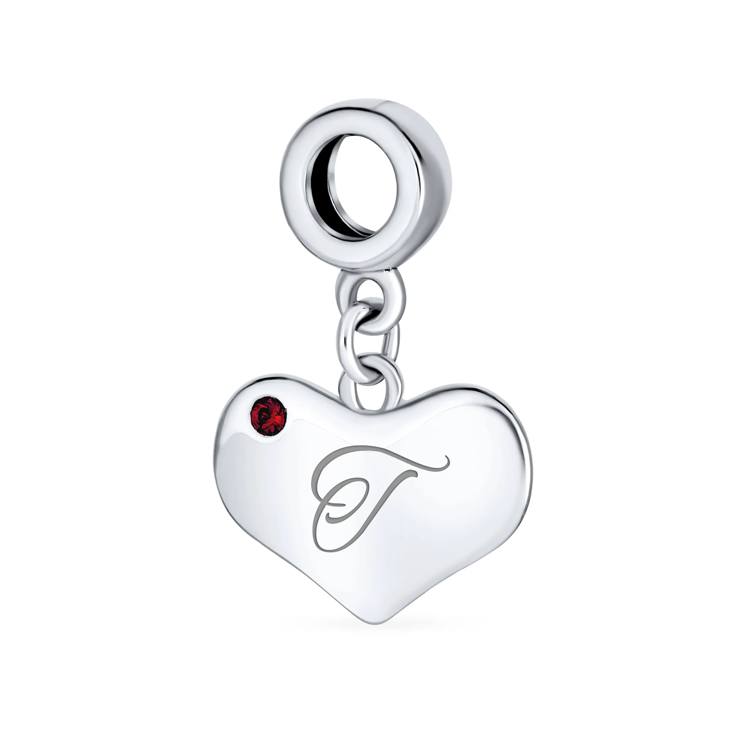 Initial Alphabet Bead Charm Red Ruby Heart Dangle for European Bracelet Sterling Silver