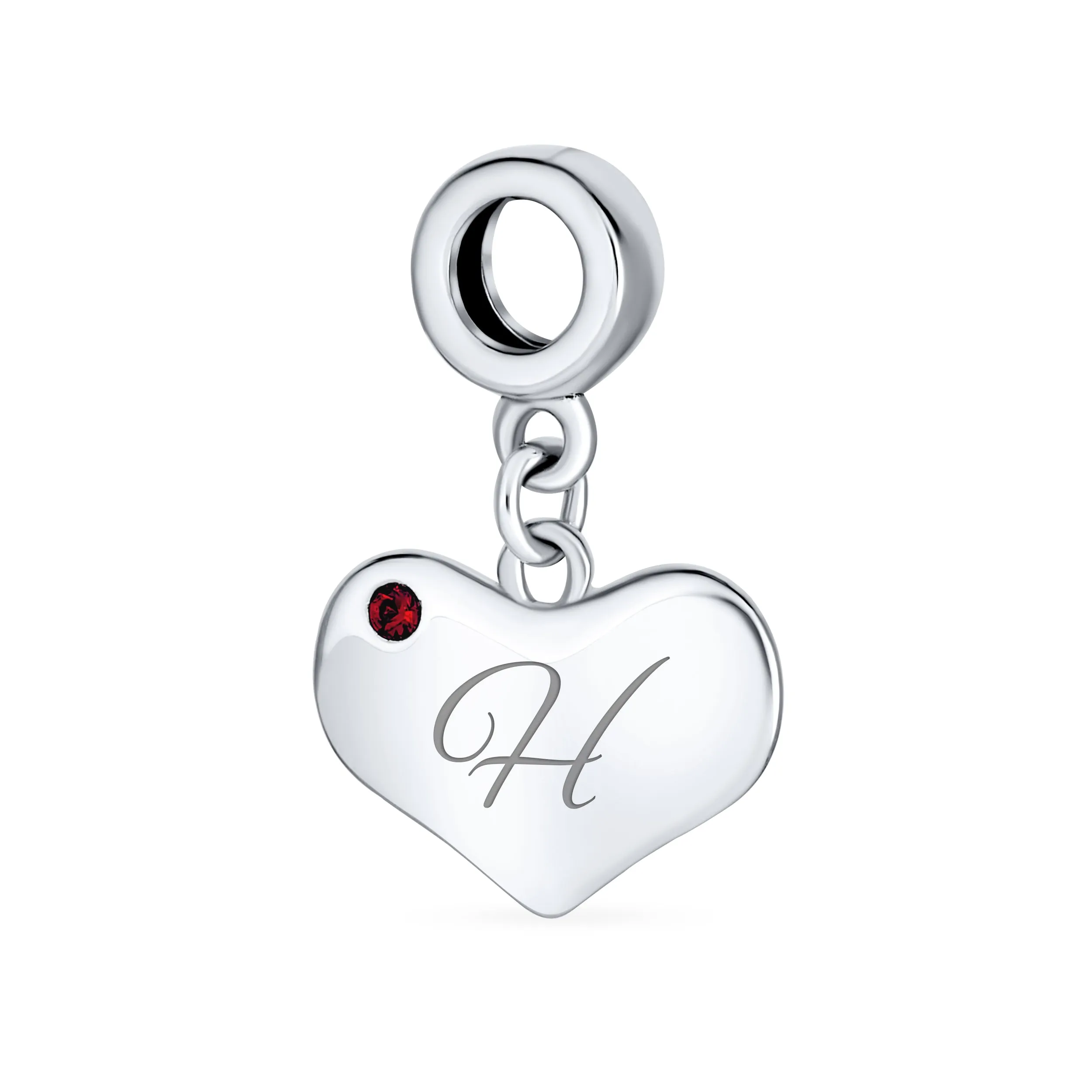 Initial Alphabet Bead Charm Red Ruby Heart Dangle for European Bracelet Sterling Silver