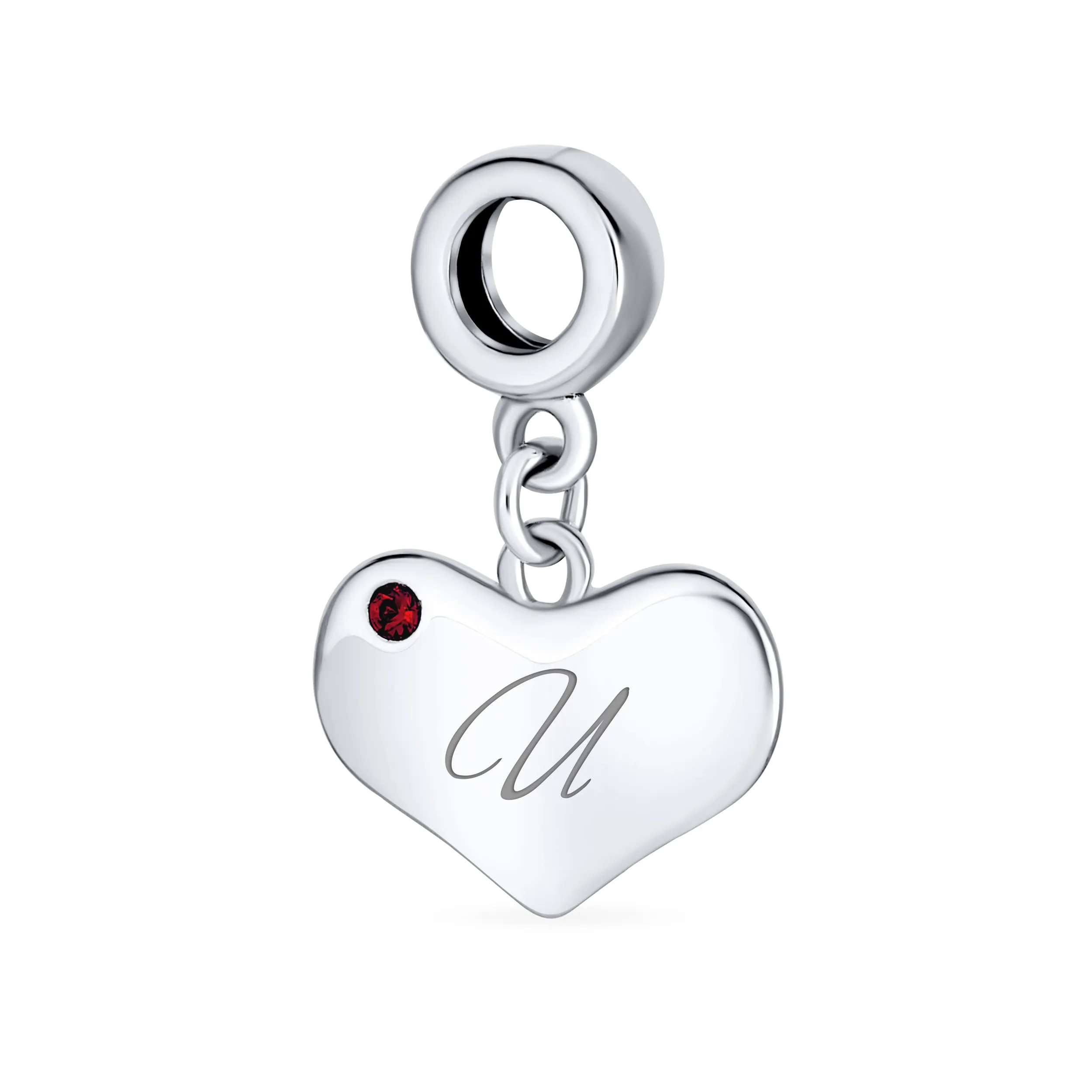 Initial Alphabet Bead Charm Red Ruby Heart Dangle for European Bracelet Sterling Silver