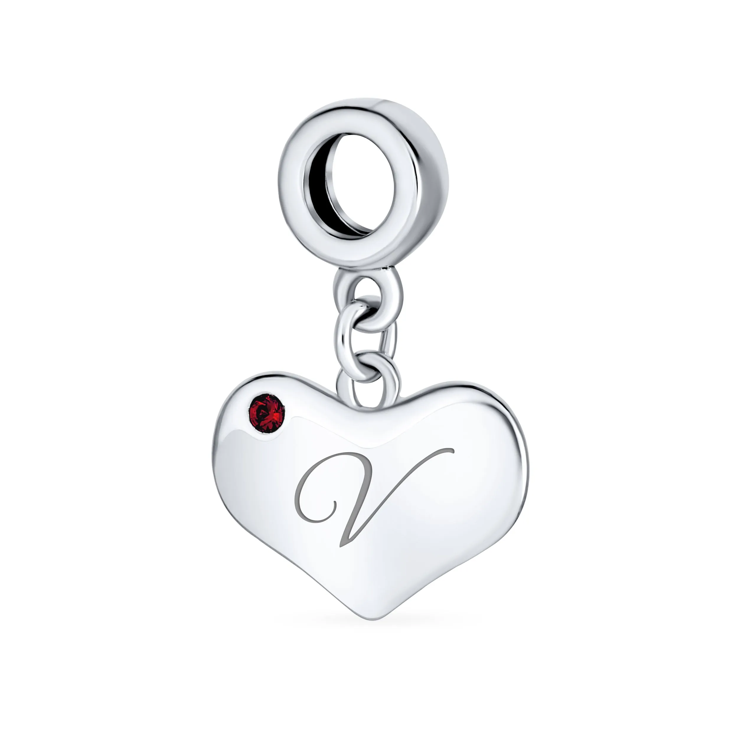 Initial Alphabet Bead Charm Red Ruby Heart Dangle for European Bracelet Sterling Silver