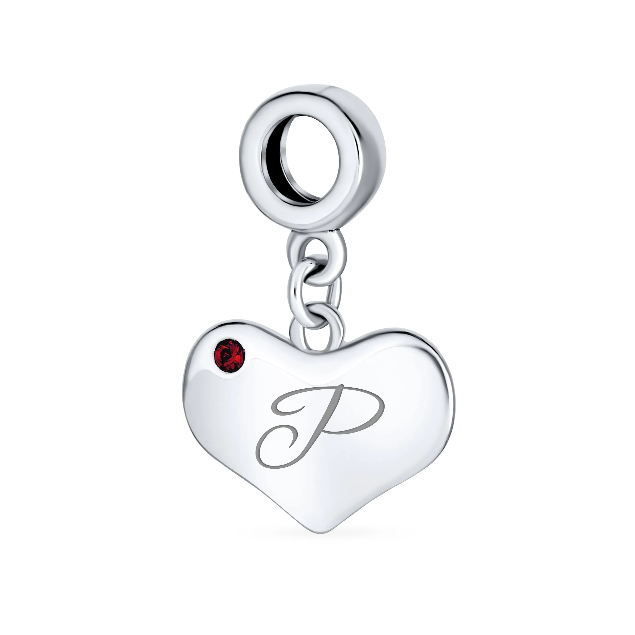 Initial Alphabet Bead Charm Red Ruby Heart Dangle for European Bracelet Sterling Silver