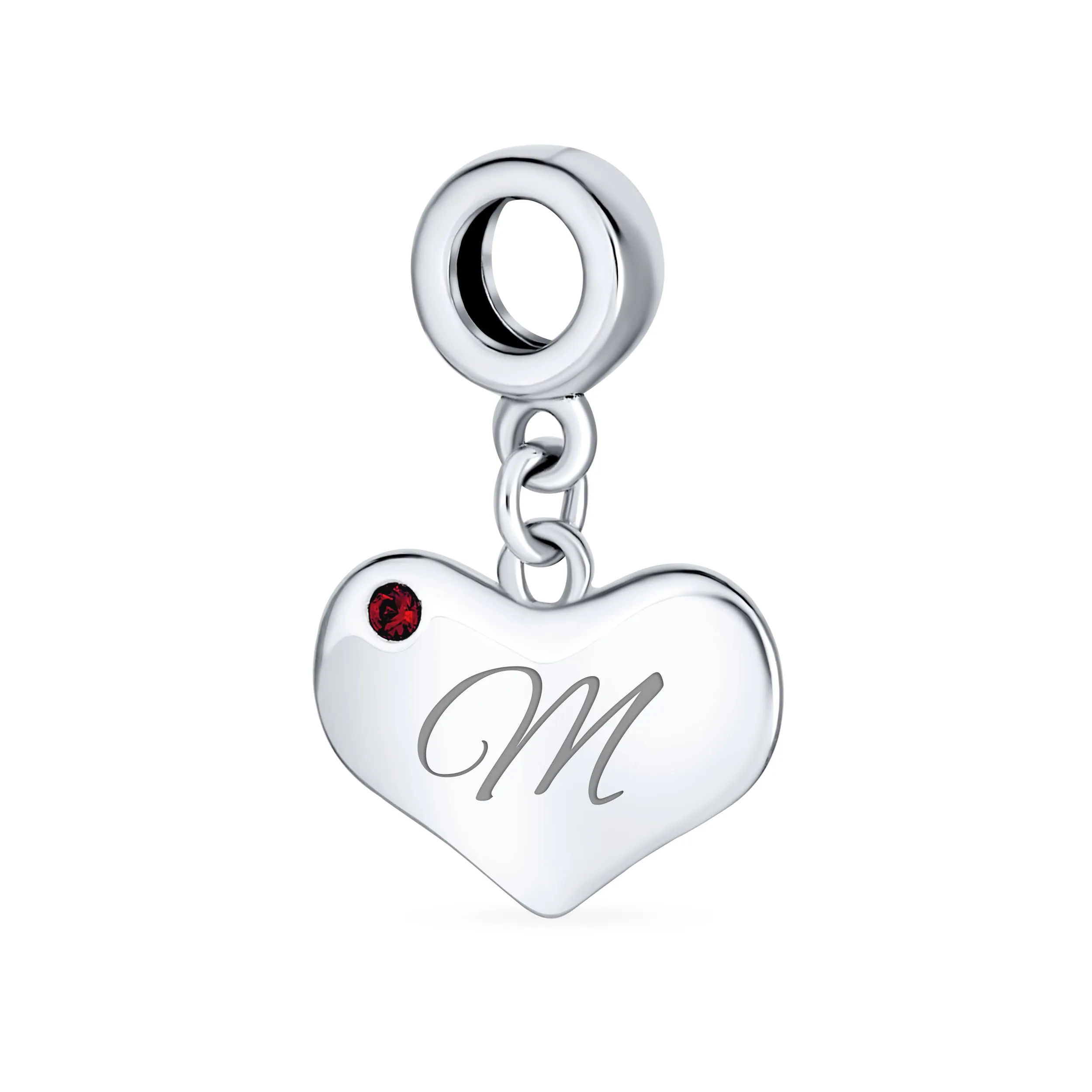 Initial Alphabet Bead Charm Red Ruby Heart Dangle for European Bracelet Sterling Silver