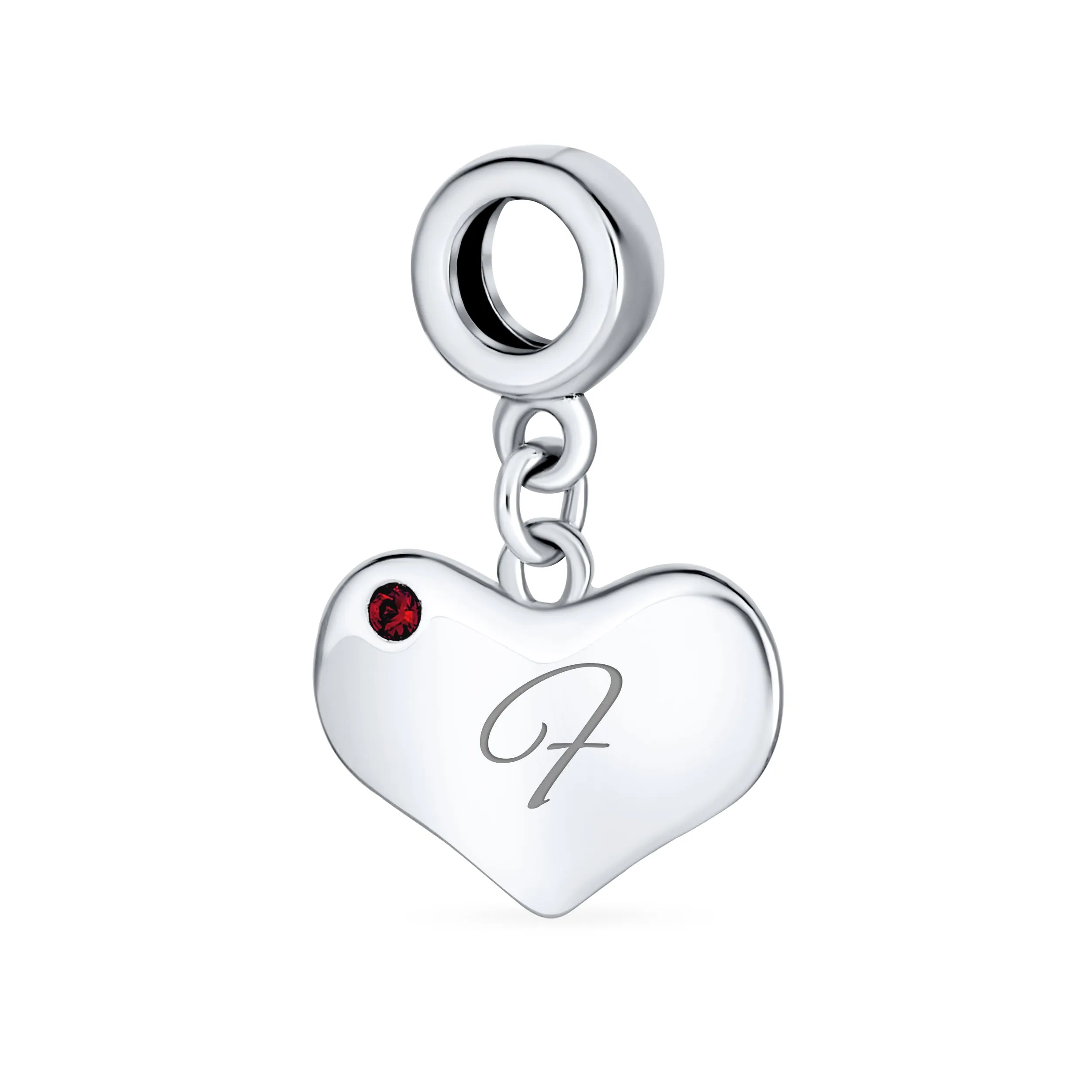 Initial Alphabet Bead Charm Red Ruby Heart Dangle for European Bracelet Sterling Silver