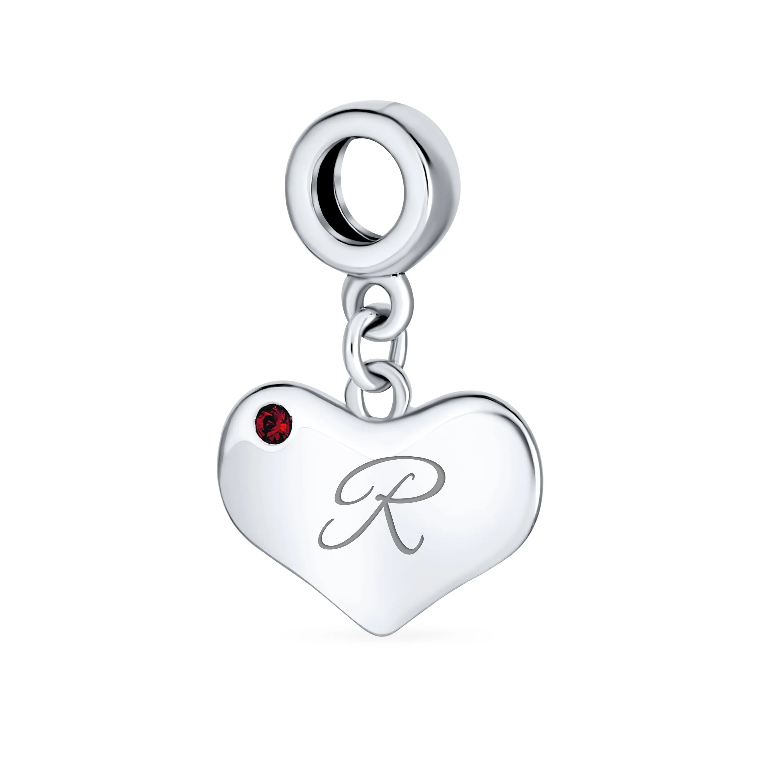 Initial Alphabet Bead Charm Red Ruby Heart Dangle for European Bracelet Sterling Silver