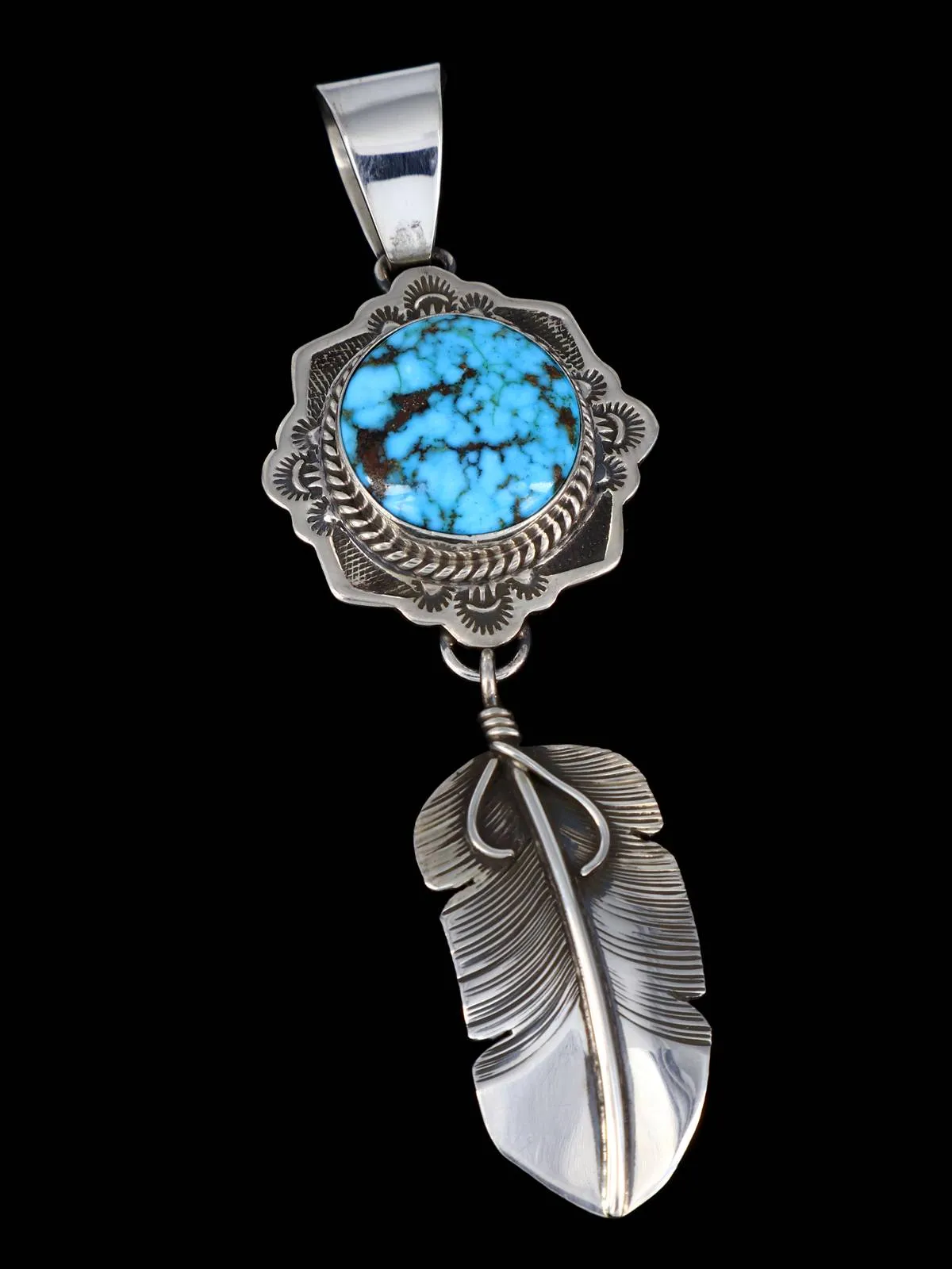 Kingman Turquoise Navajo Sterling Silver Feather Pendant