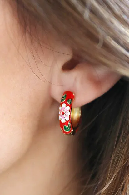 L.A. Red Floral Enamel Hoop Earrings