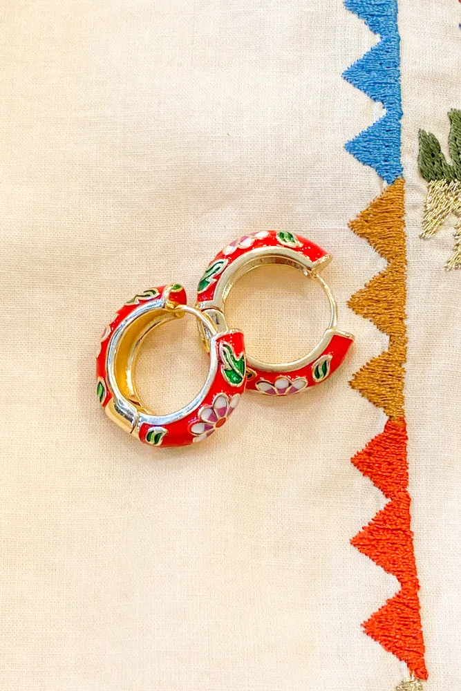 L.A. Red Floral Enamel Hoop Earrings