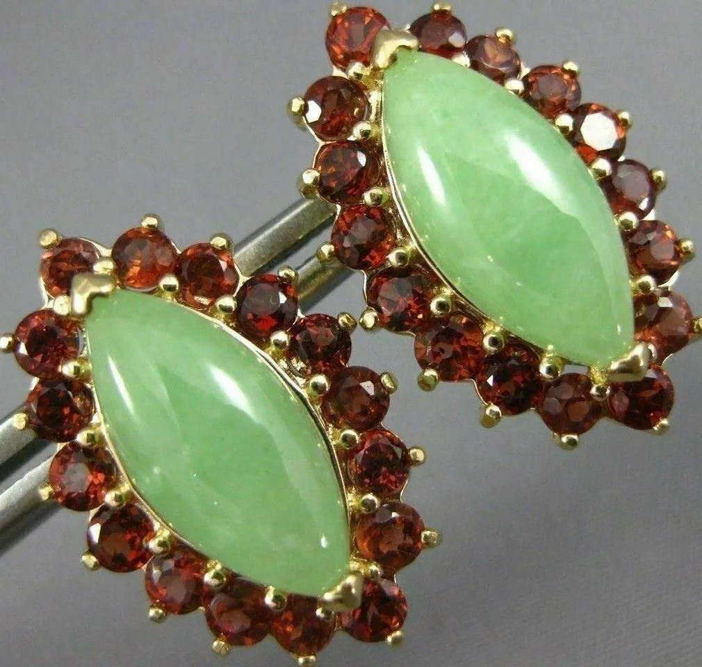 LARGE 6.40CT AAA JADE & GARNET 14KT YELLOW GOLD 3D MARQUISE STUD EARRINGS #26559