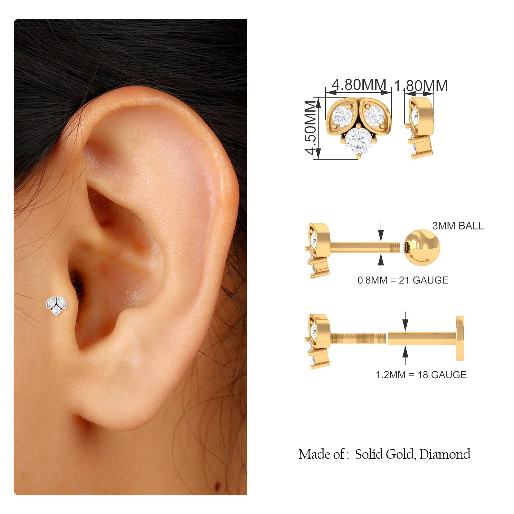 Minimalist Round Diamond Tragus Earring in Gold