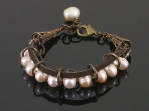 Multi-strand Pearl, chain & leather bracelet (Web-194)