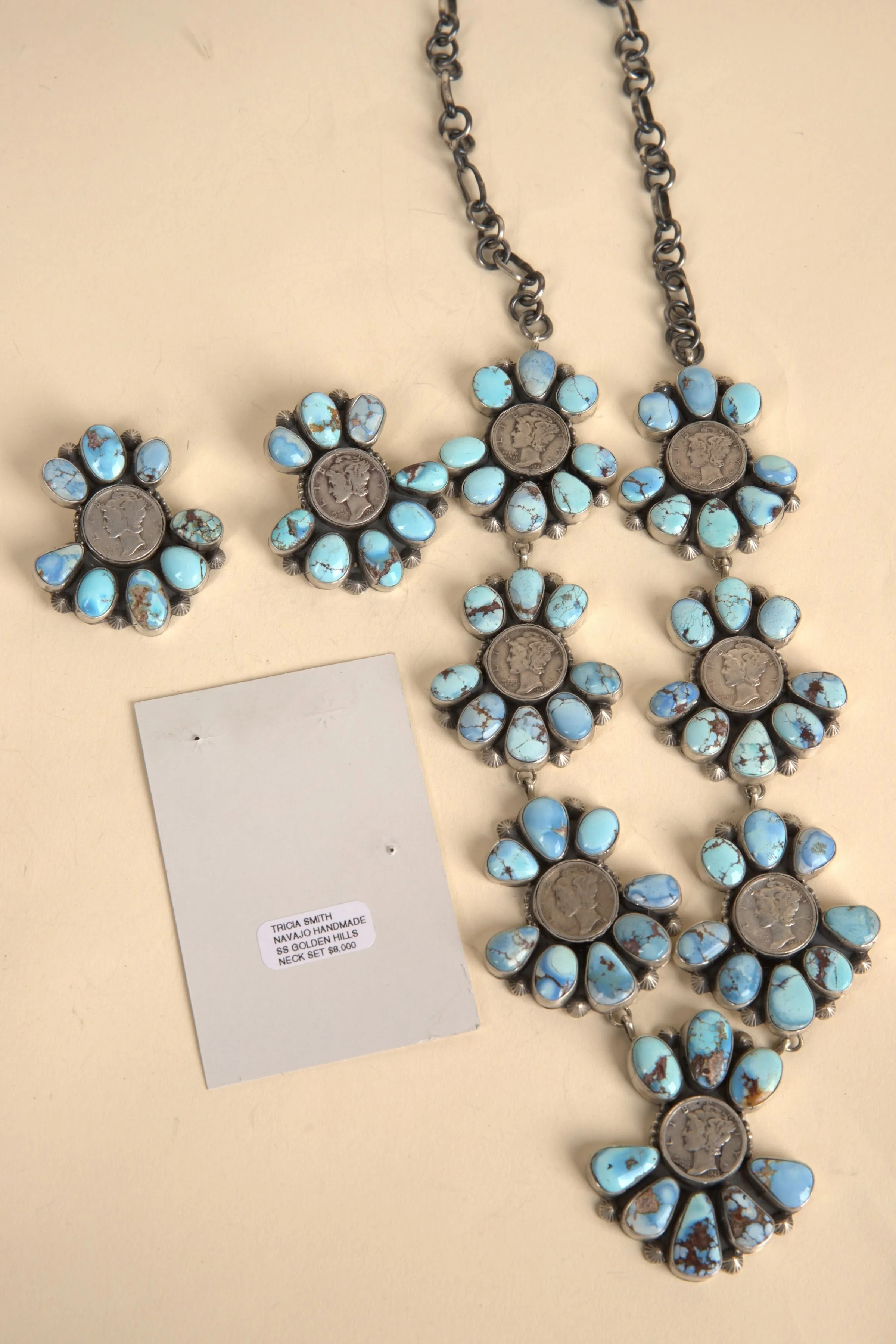 Navajo Handmade Golden Hills Turquoise with coin Necklace and Earring Set - 15