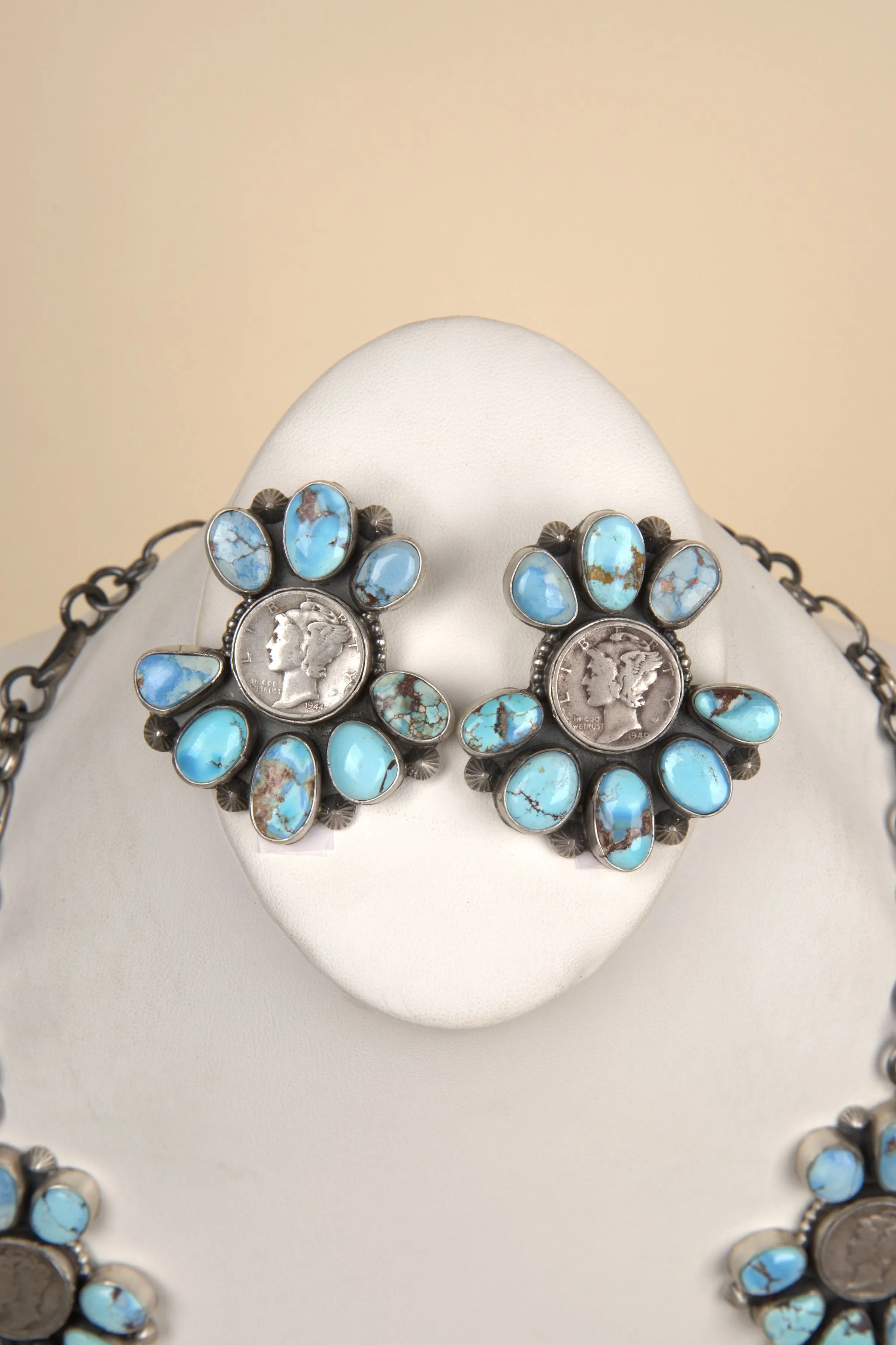 Navajo Handmade Golden Hills Turquoise with coin Necklace and Earring Set - 15