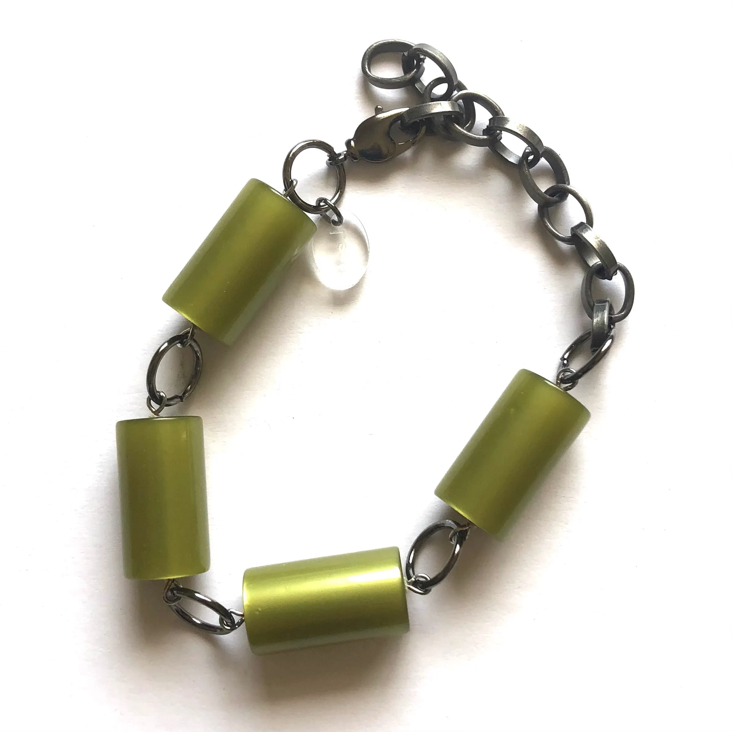 Olive Green Moonglow Lucite Tube Stations Bracelet