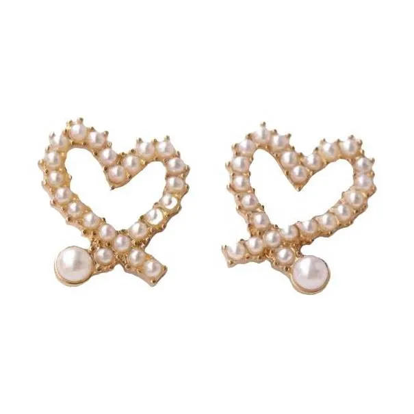 Open White Heart Pearl Gold Small Invisible Clip On Stud Earrings