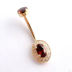 Oval Halo Curved Barbell in Gold with Garnet & Clear CZ from BVLA