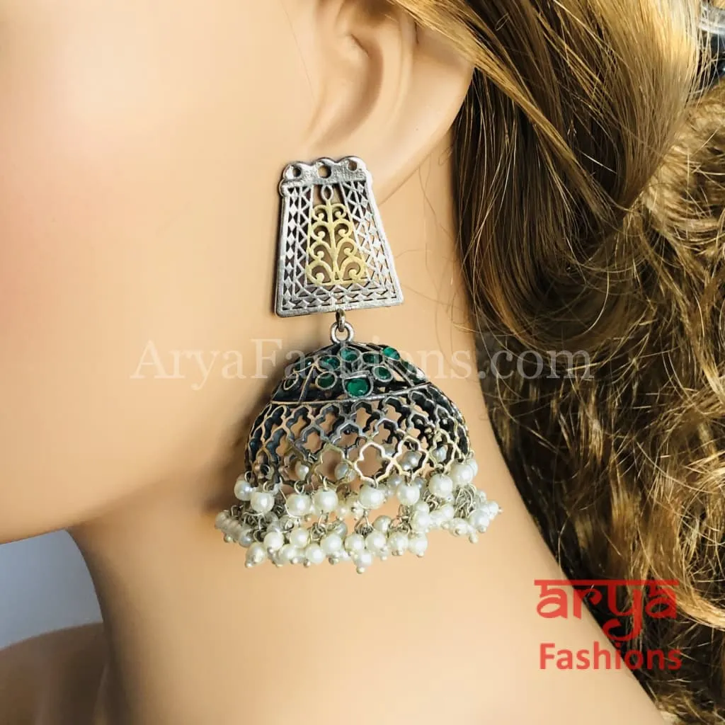 Oxidized Silver Tribal Earrings/Ethnic Jhumka/German Silver Jhumka with Pearl Drops