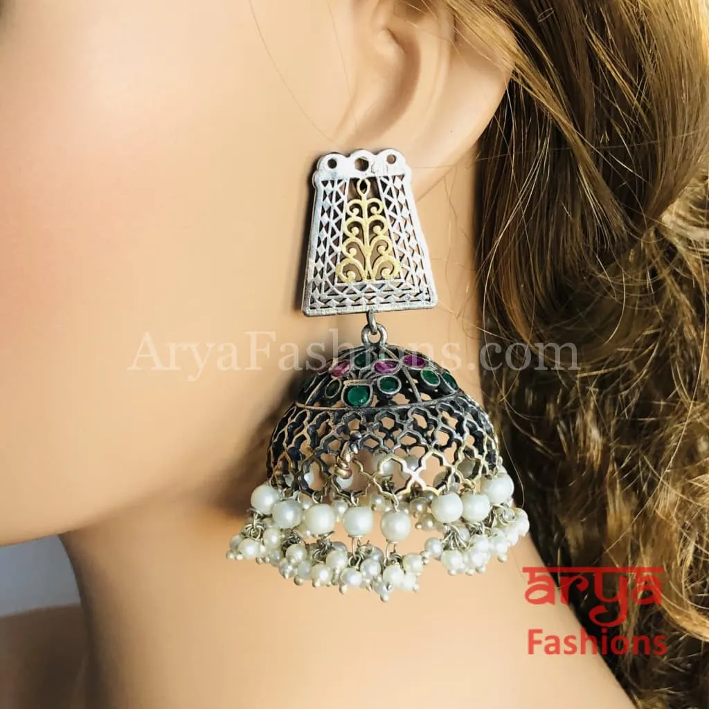 Oxidized Silver Tribal Earrings/Ethnic Jhumka/German Silver Jhumka with Pearl Drops