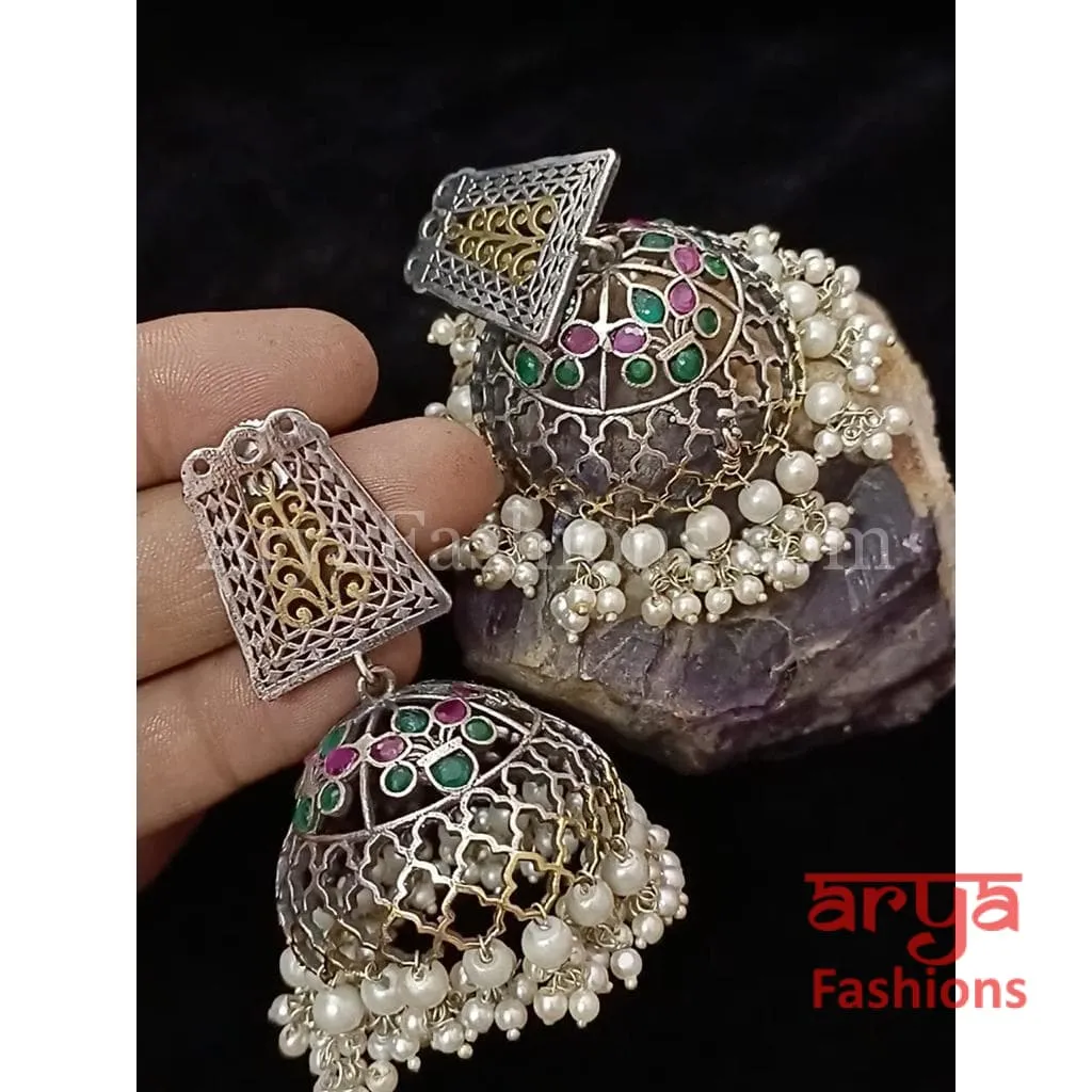 Oxidized Silver Tribal Earrings/Ethnic Jhumka/German Silver Jhumka with Pearl Drops