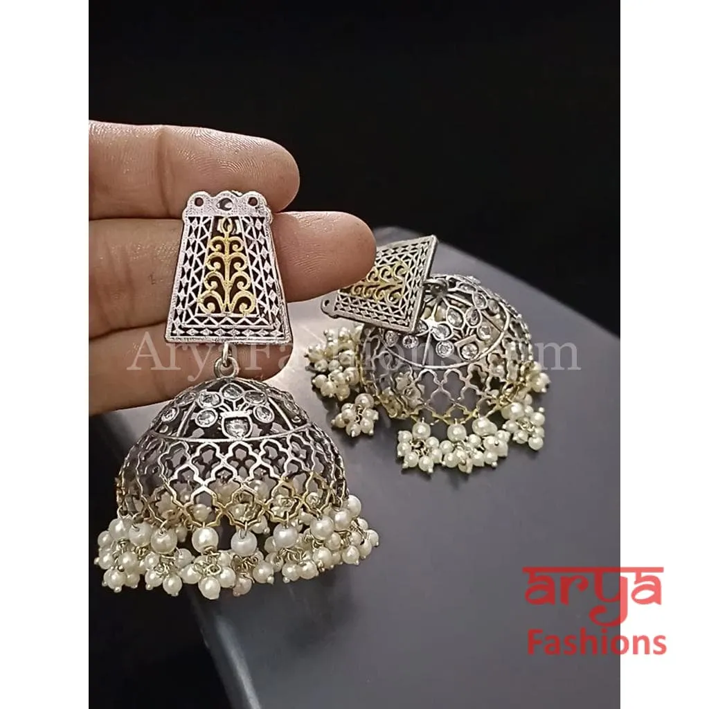 Oxidized Silver Tribal Earrings/Ethnic Jhumka/German Silver Jhumka with Pearl Drops