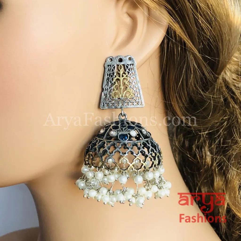 Oxidized Silver Tribal Earrings/Ethnic Jhumka/German Silver Jhumka with Pearl Drops