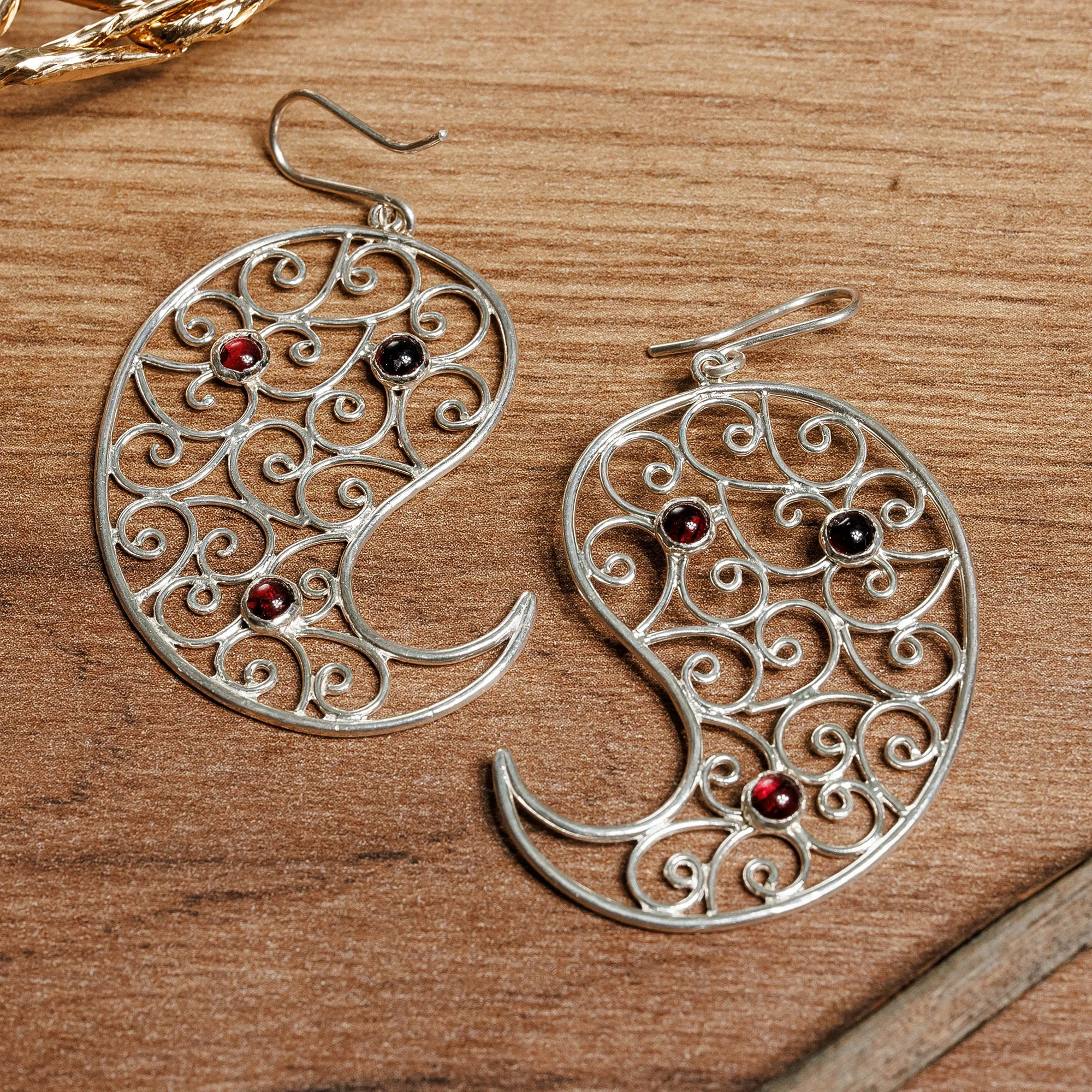 Paisley-Shaped Natural Garnet Filigree Dangle Earrings - Paisley of Passion | NOVICA