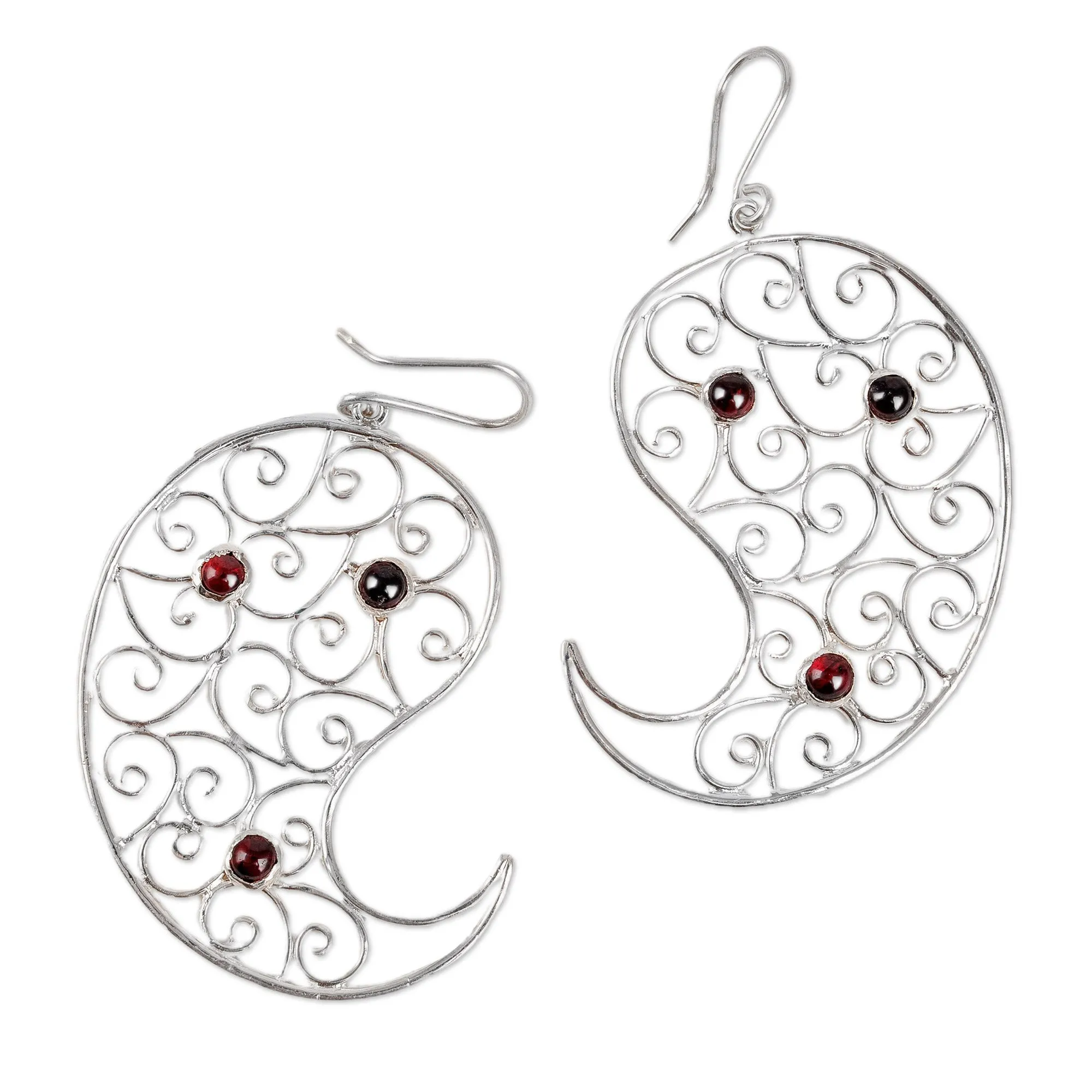 Paisley-Shaped Natural Garnet Filigree Dangle Earrings - Paisley of Passion | NOVICA