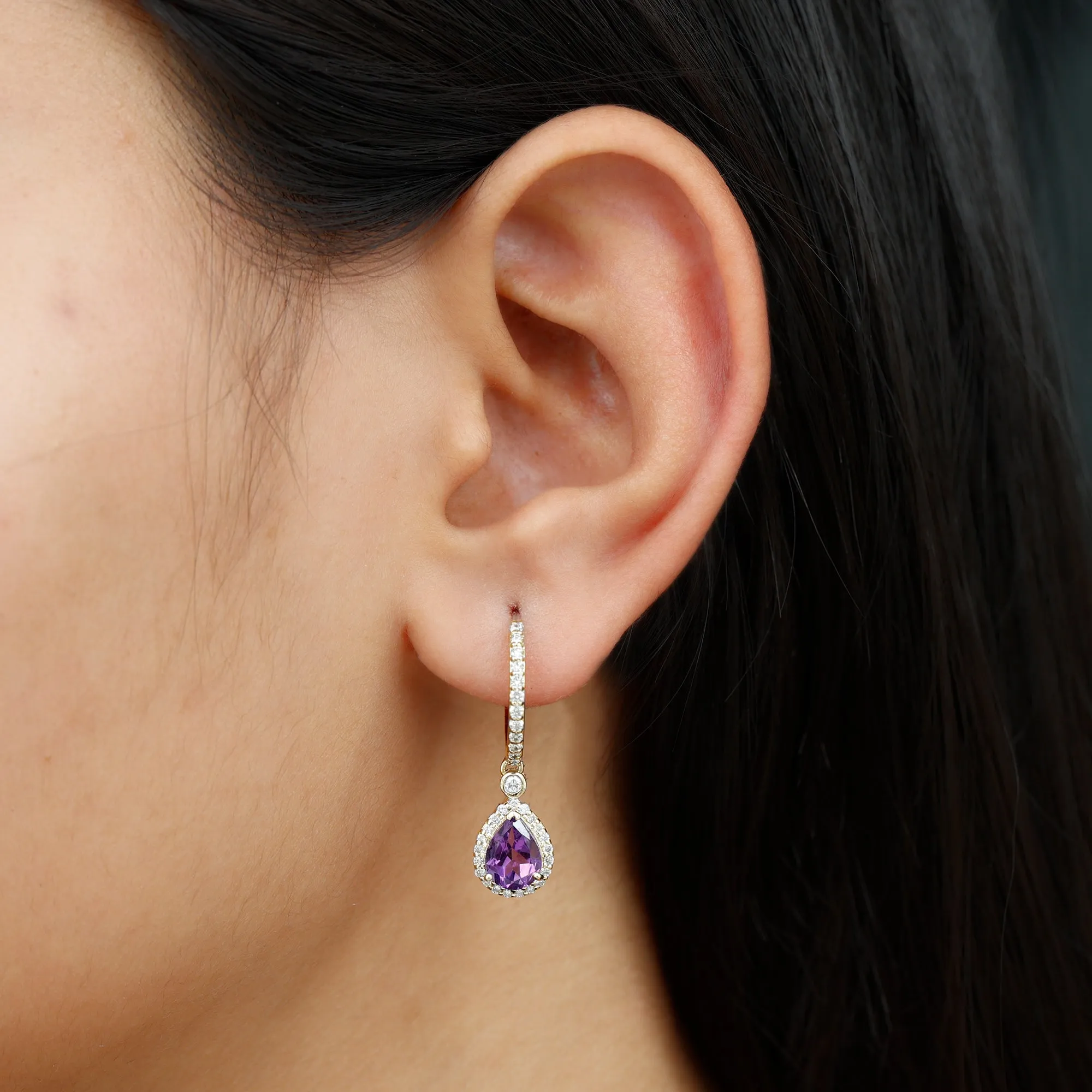 Pear Cut Amethyst Hoop Drop Earrings with Diamond Halo