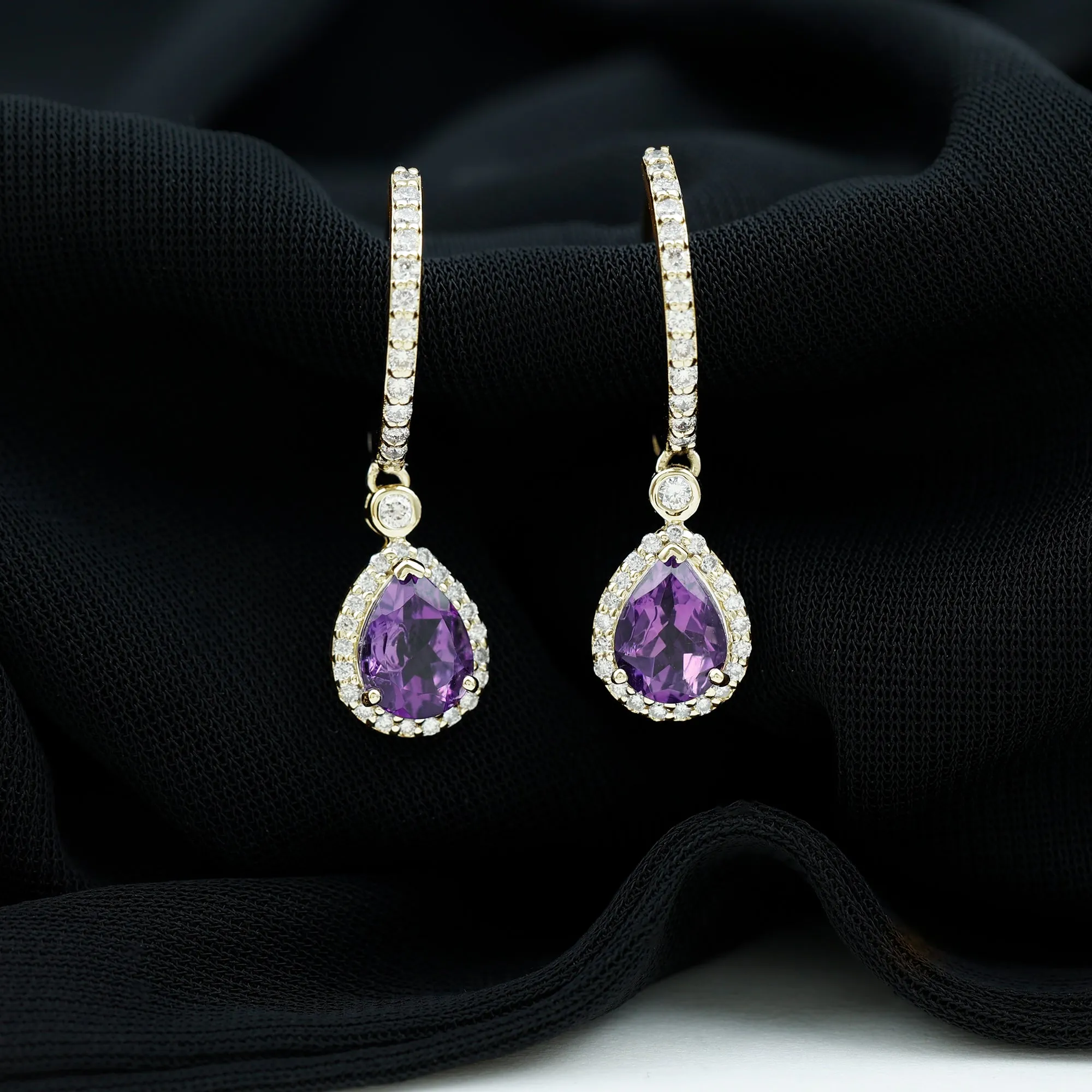 Pear Cut Amethyst Hoop Drop Earrings with Diamond Halo