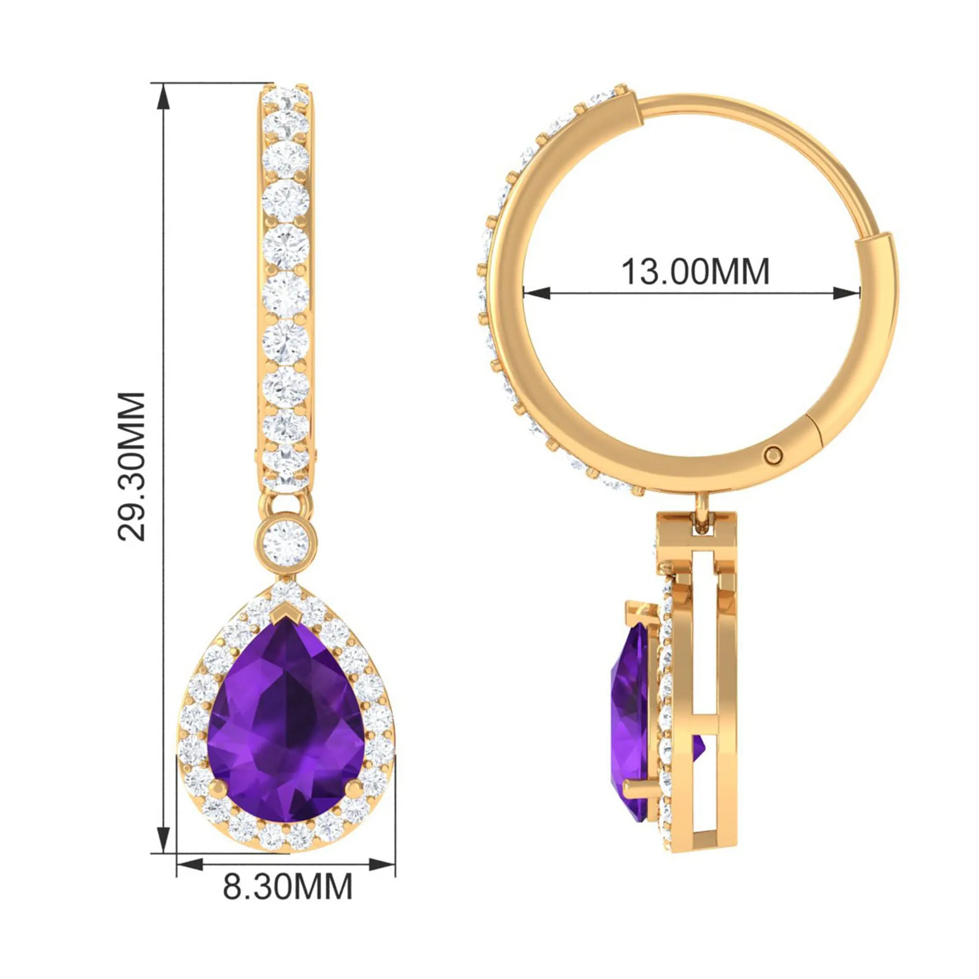 Pear Cut Amethyst Hoop Drop Earrings with Diamond Halo