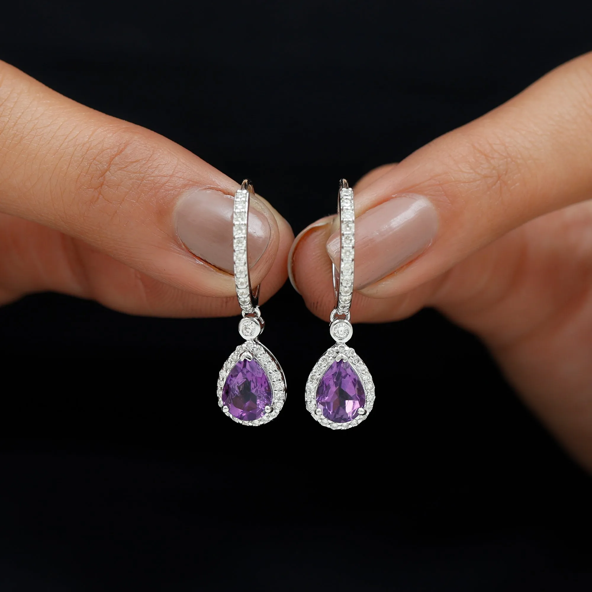 Pear Cut Amethyst Hoop Drop Earrings with Diamond Halo