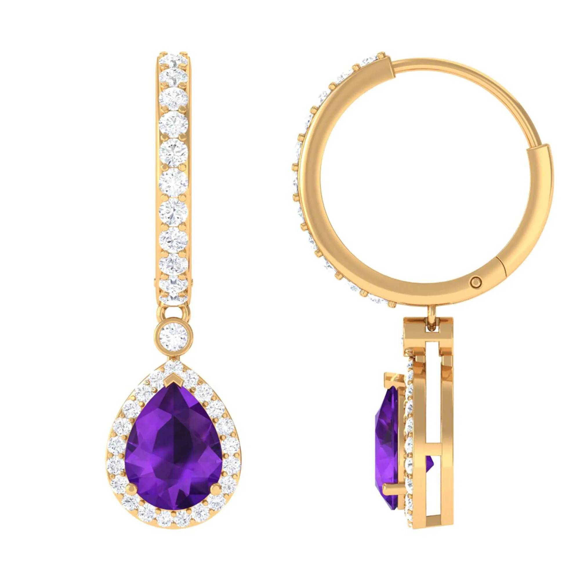 Pear Cut Amethyst Hoop Drop Earrings with Diamond Halo