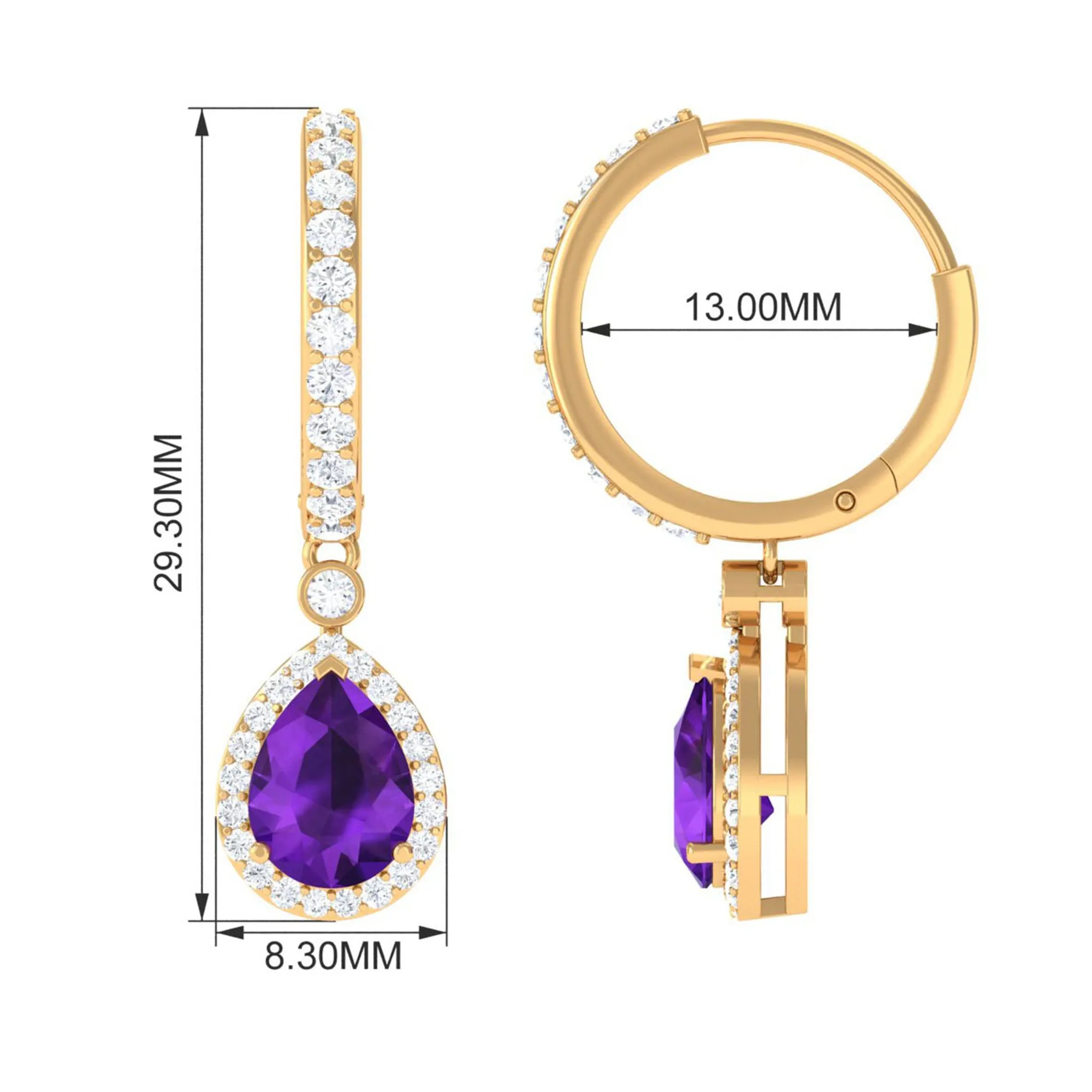 Pear Cut Amethyst Hoop Drop Earrings with Diamond Halo