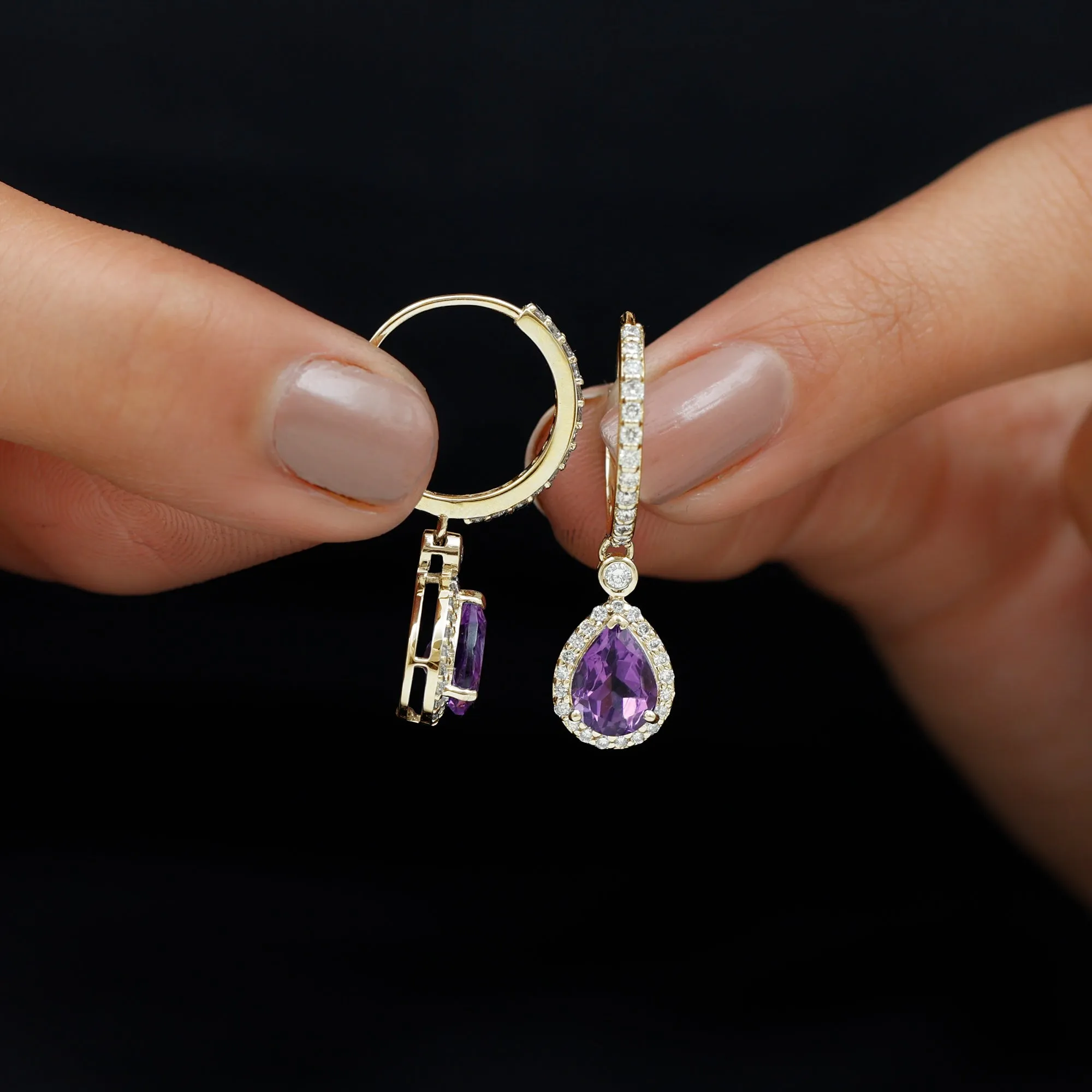 Pear Cut Amethyst Hoop Drop Earrings with Diamond Halo