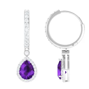 Pear Cut Amethyst Hoop Drop Earrings with Diamond Halo