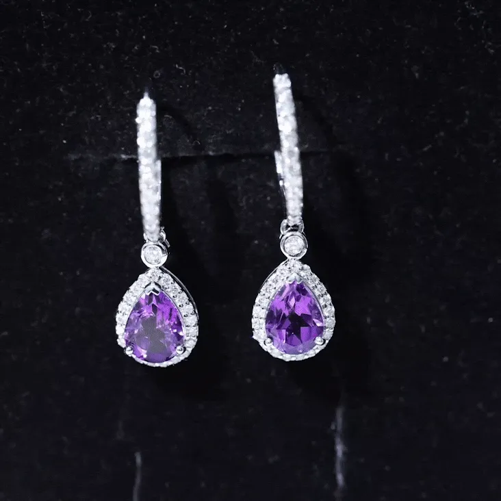 Pear Cut Amethyst Hoop Drop Earrings with Diamond Halo