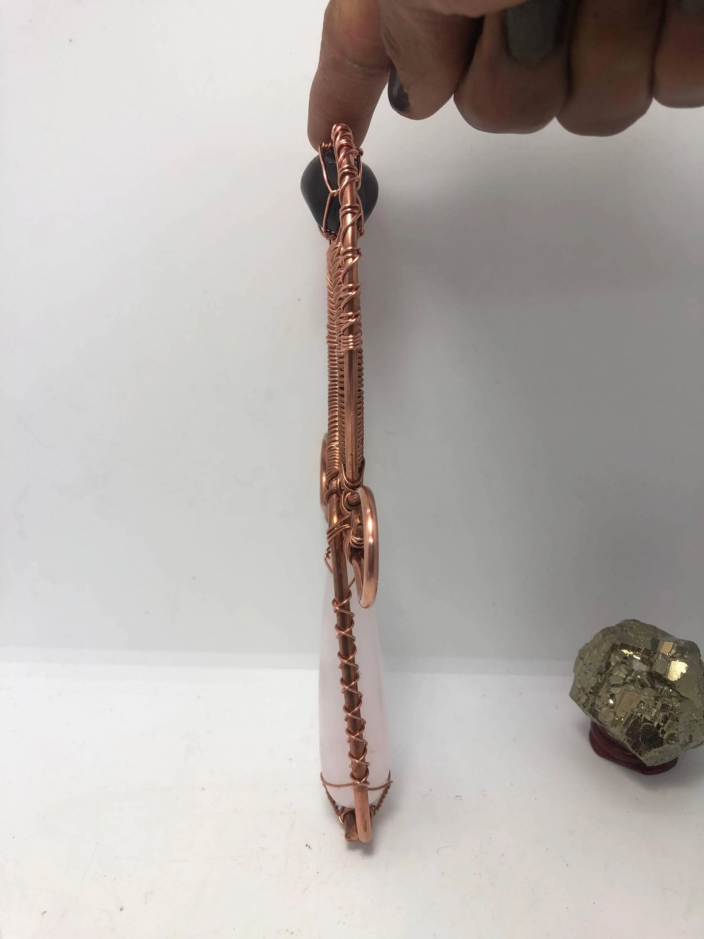 Pink Calcite and Garnet Crystal Handheld Ankh