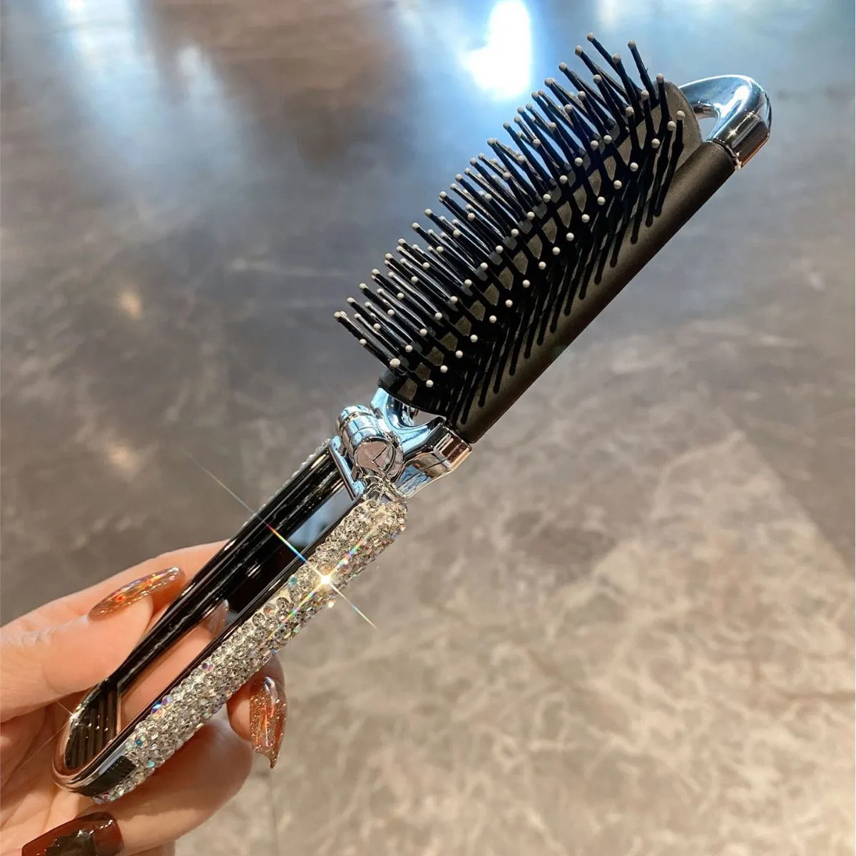 Portable Folding Comb with HD Mirror Inside Inlay Rhinestone Hair Brush Women Combs Hair Comb Scalp Massage Girl Hairbrush