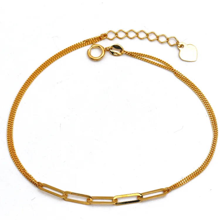 Real Gold Dual Chain Paper Clip with Dangler Heart Adjustable Size Bracelet 0113 BR1646