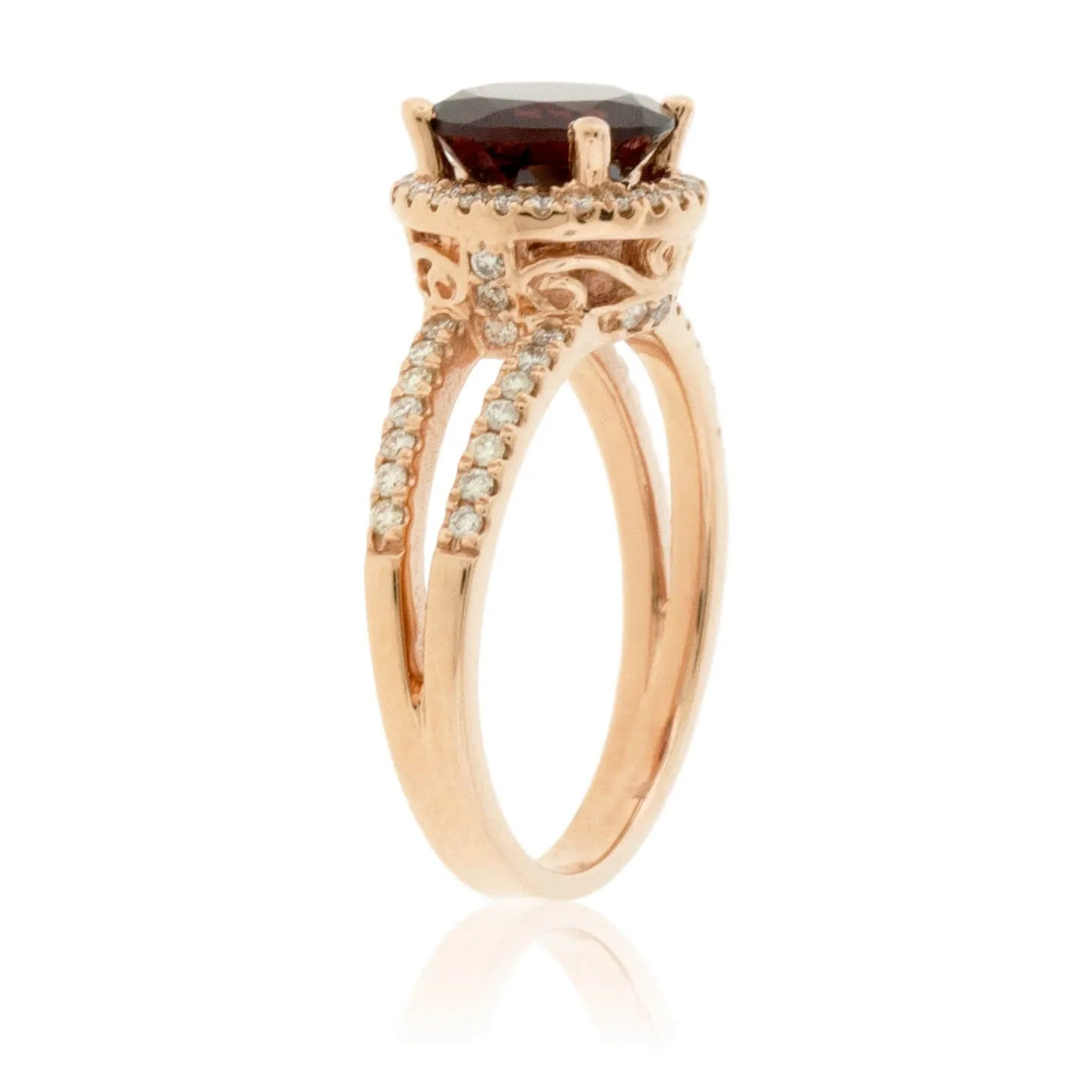 Round Garnet and Diamond Split Shank Style Rose Gold Ring