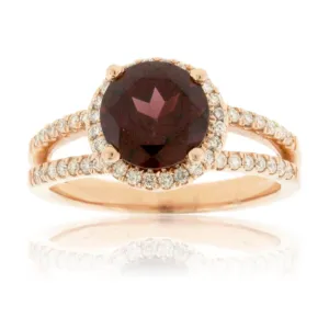 Round Garnet and Diamond Split Shank Style Rose Gold Ring