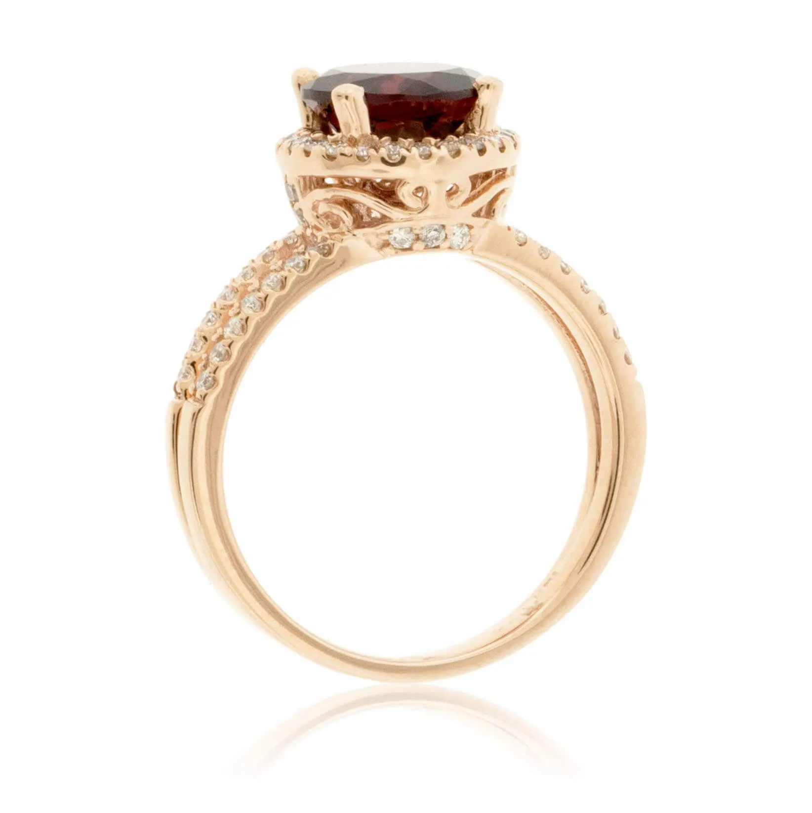 Round Garnet and Diamond Split Shank Style Rose Gold Ring