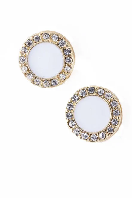 Round White Stud Earrings with Crystals