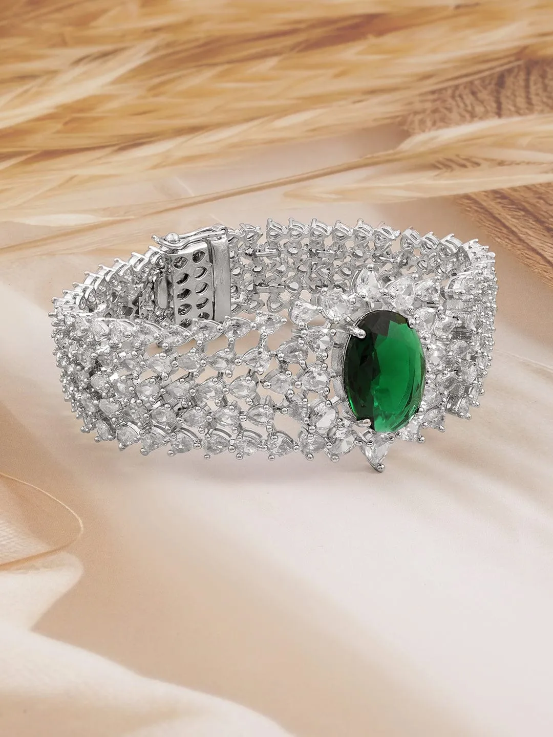 Rubans Rhodium-Plated Emerald Green & White Cubic Zirconia Bracelet