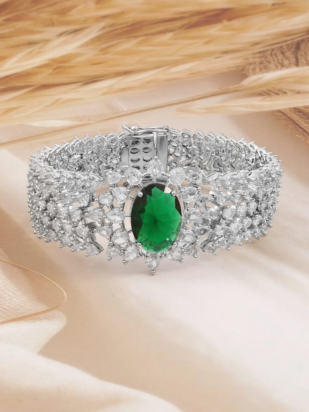 Rubans Rhodium-Plated Emerald Green & White Cubic Zirconia Bracelet