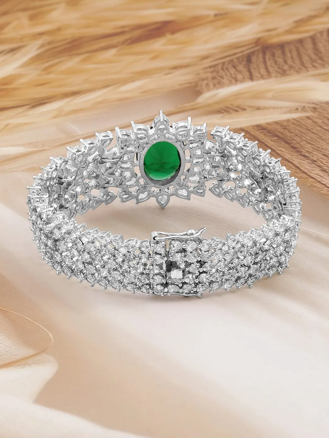 Rubans Rhodium-Plated Emerald Green & White Cubic Zirconia Bracelet