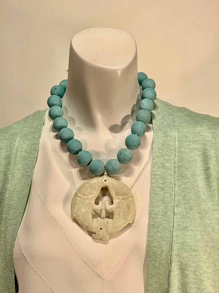 Semi Precious Magnesite and Jade One of a Kind Necklace Made in California.