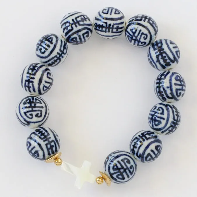 Silver & White Chinoiserie Porcelain Bead and Mother of Pearl Cross Bracelet