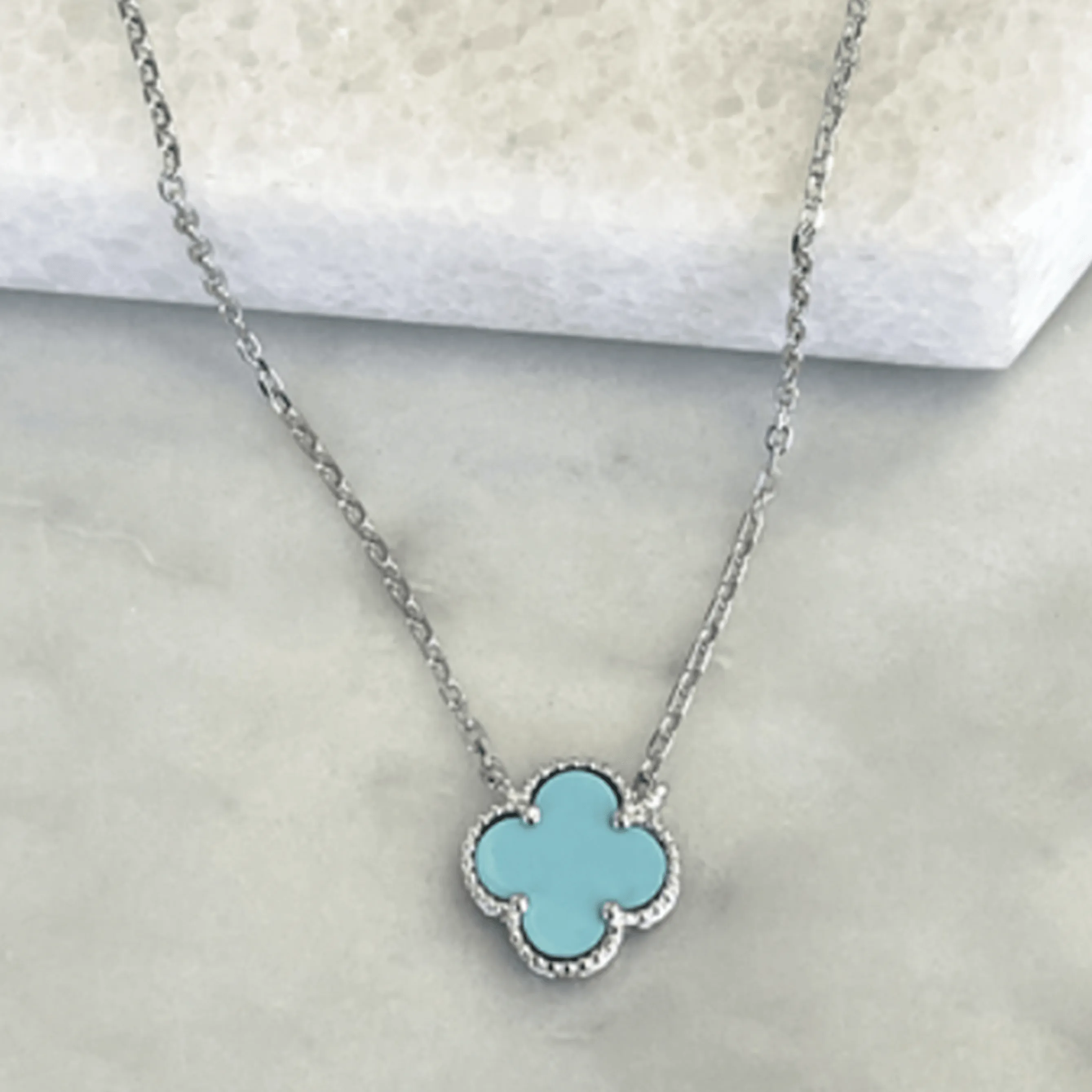 Silver Necklace with Single Turquoise Clover shape