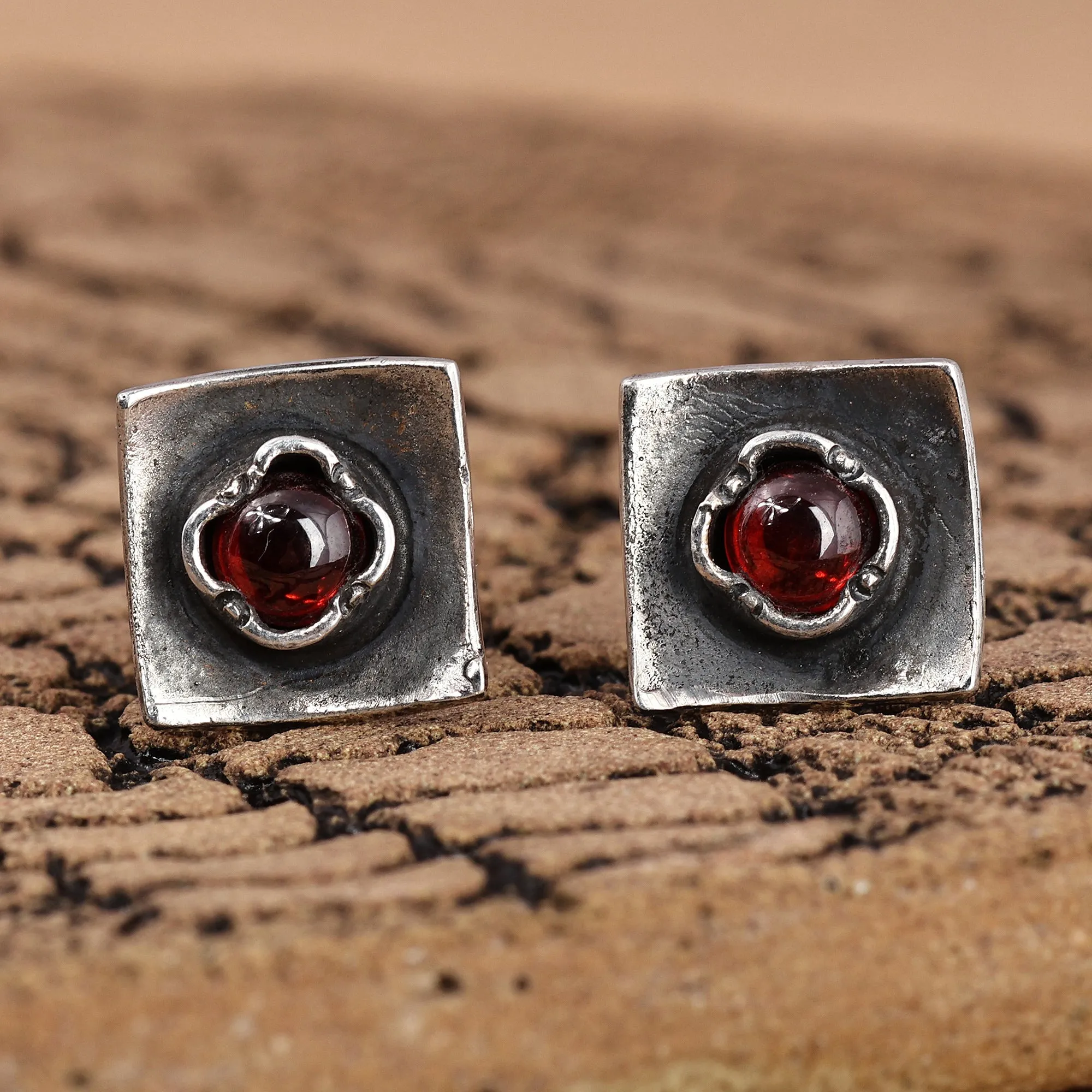 Square Sterling Silver and Natural Garnet Button Earrings - Square Passion | NOVICA