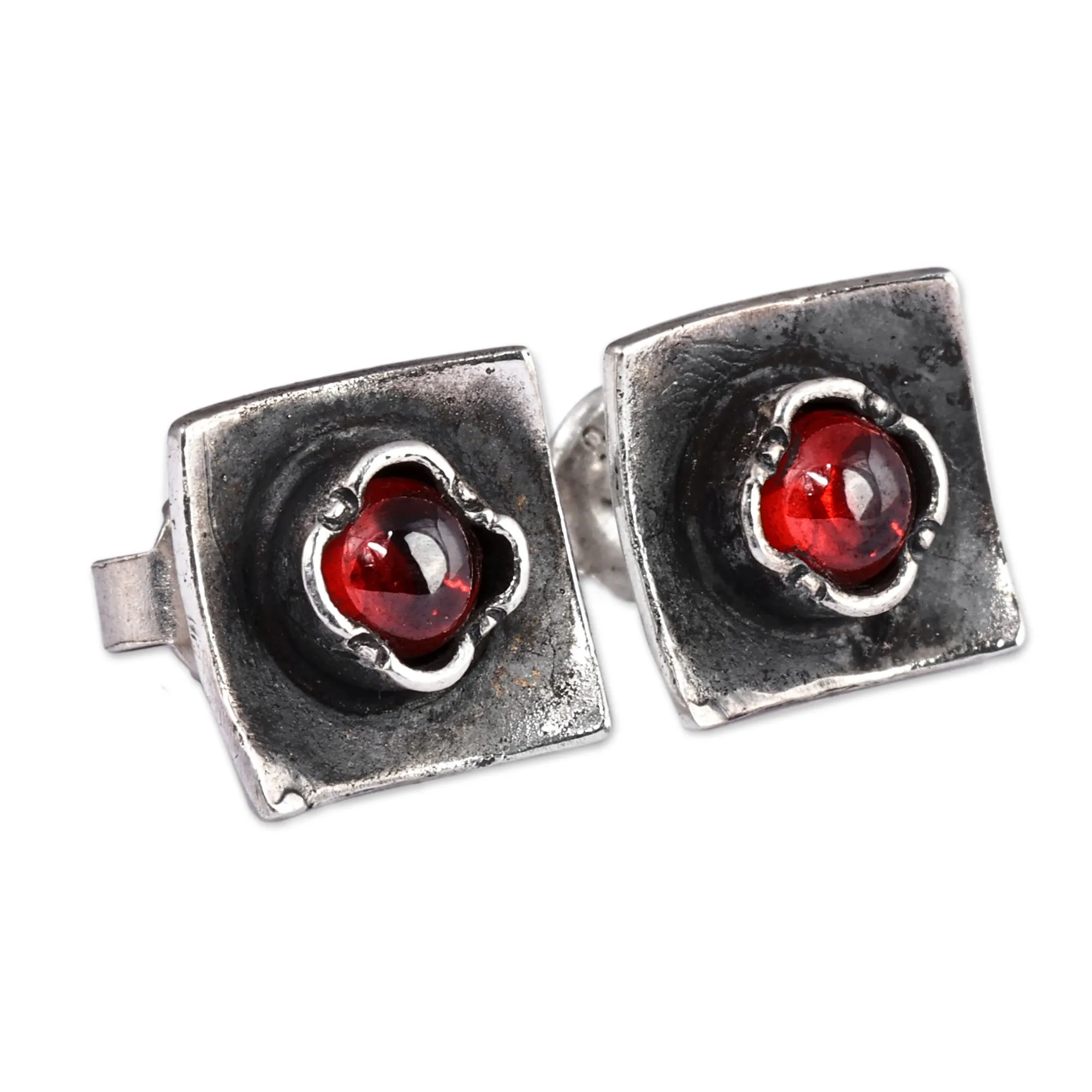 Square Sterling Silver and Natural Garnet Button Earrings - Square Passion | NOVICA